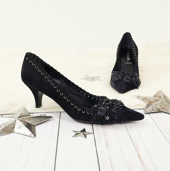 Prada black suede beaded pumps size 35 - Picture 2 of 10